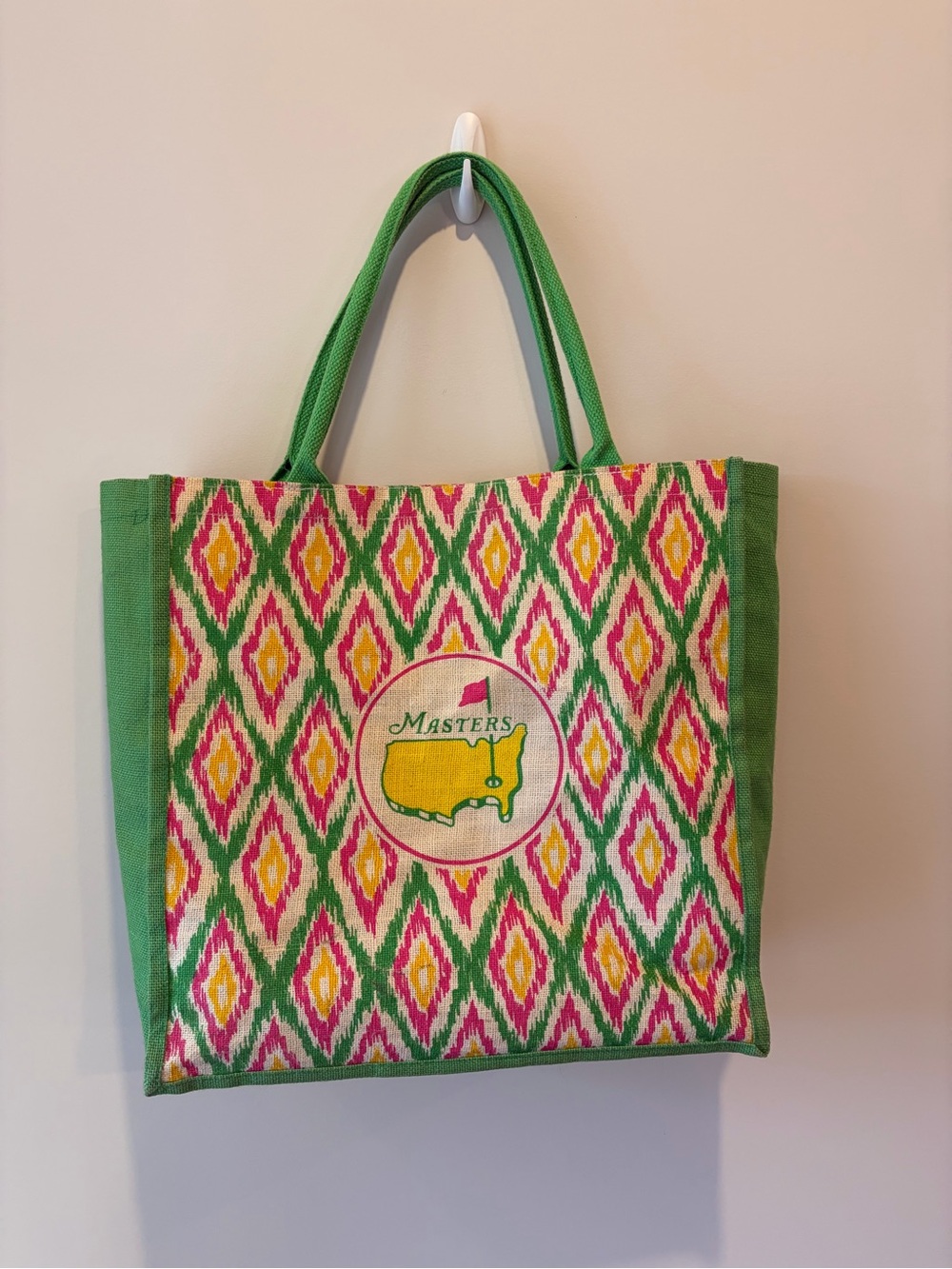 Masters 2025 Green and Pink Ikat Jute Tote Bag